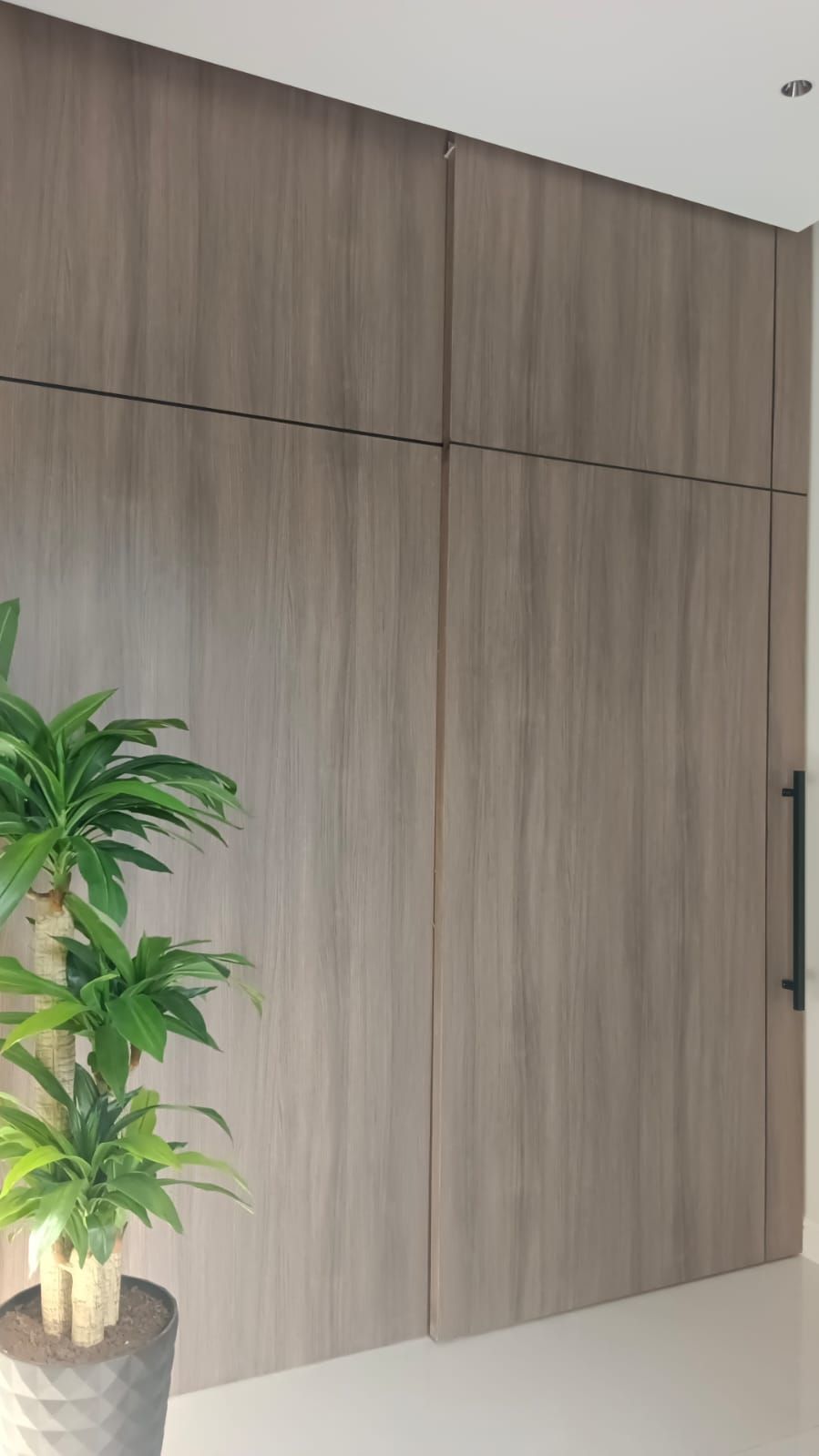 Premium floor-to-ceiling wood veneer wall cladding integrated with flush interior doors and an elevator surround for a seamless architectural finish. - Photo 4