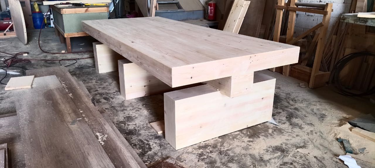 A commercial-grade restaurant dining unit combining integrated wooden bench seating with a matching central dining table. - Photo 3