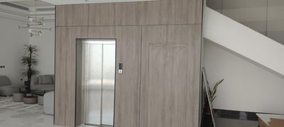 Premium floor-to-ceiling wood veneer wall cladding integrated with flush interior doors and an elevator surround for a seamless architectural finish.